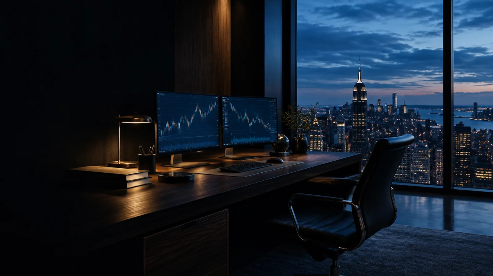 A trading workspace overlooking the city at blue hour