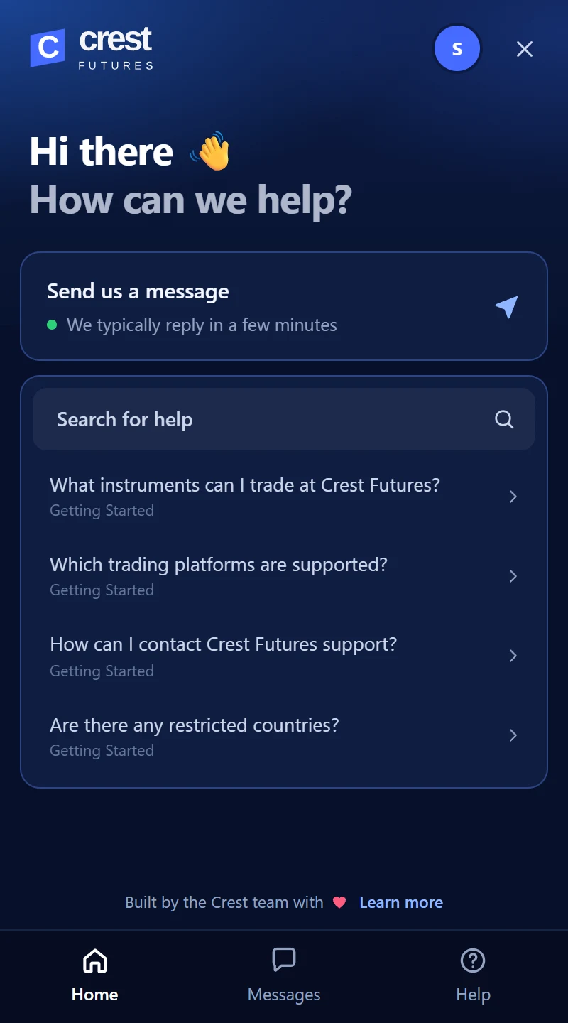 The Crest support chat with a greeting, a message button and help articles